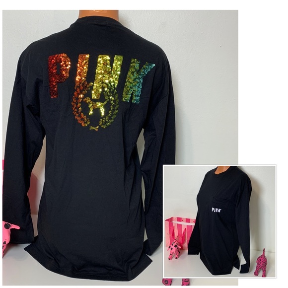 PINK Victoria's Secret Tops - PINK VS BLING RAINBOW LOGO SEQUINED CAMPUS TEE